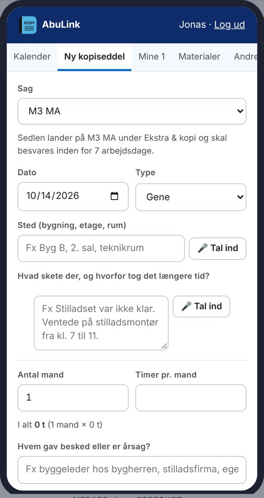 AbuLink montør-app med kopiseddel